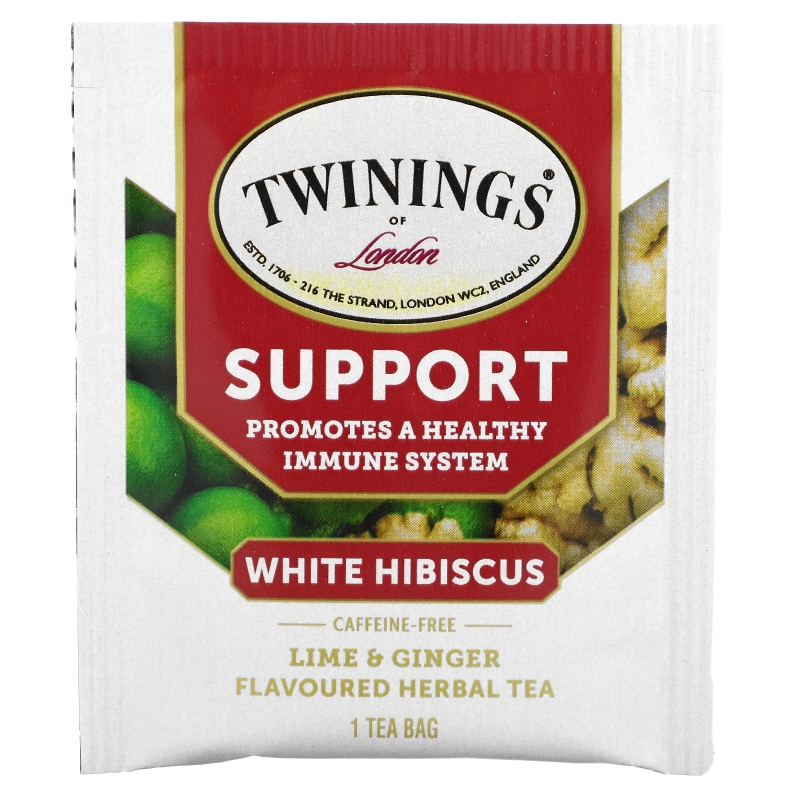 Twinings, Травяной чай для поддержки иммунитета, белый гибискус, лайм и имбирь, без кофеина, 18 пакетиков по 0,95 унц. (27 г)