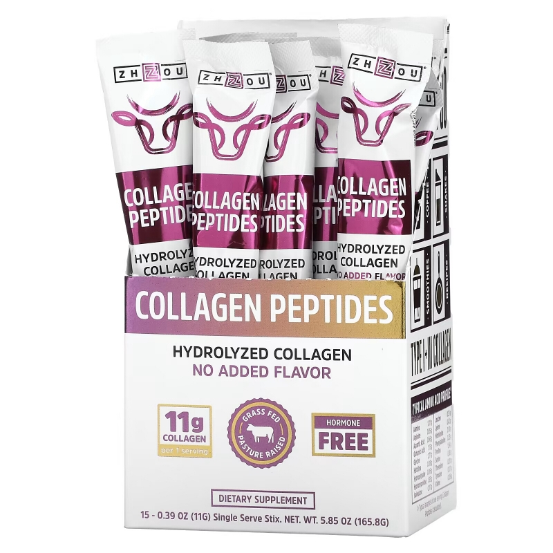 Zhou Nutrition, Collagen Peptides, Hydrolyzed Protein, Unflavored, 15 Stix, 0.39 oz (11 g) Each