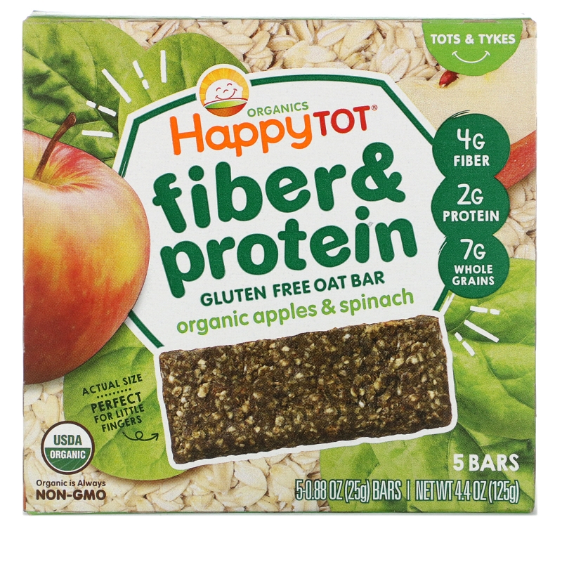 Nurture Inc. (Happy Baby), Happytot, Fiber & Protein Soft-Baked Oat Bar, Organic Apples & Spinach, 5 Bars, 0.88 oz (25 g) Each