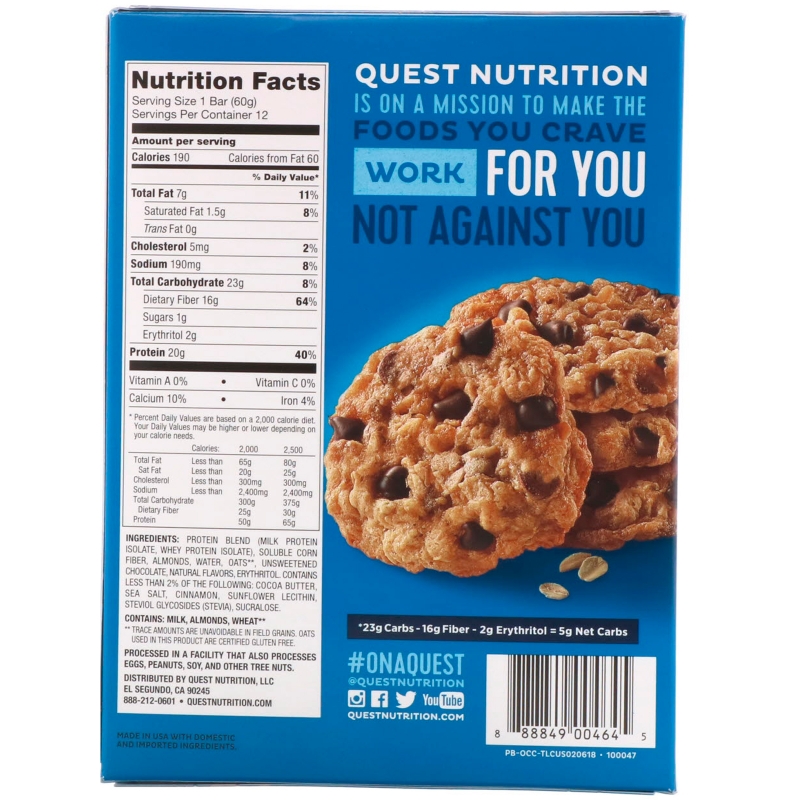 Quest Nutrition, QuestBar, Protein Bar, Oatmeal Chocolate Chip, 12 Bars, 2.1 oz (60 g) Each