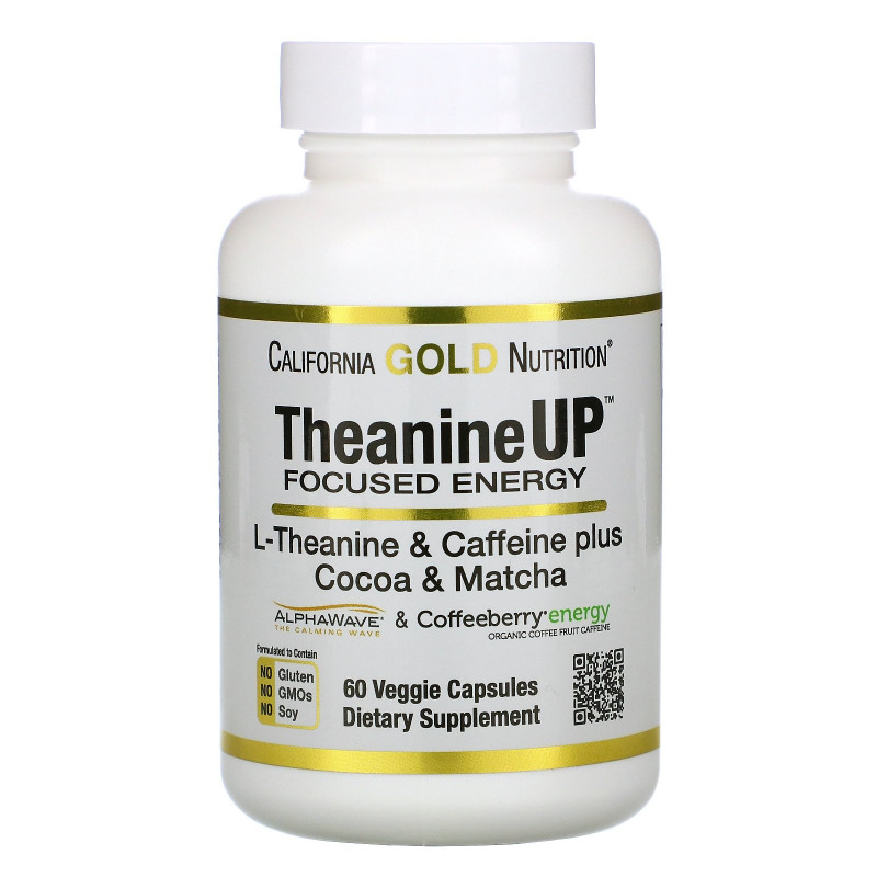 California Gold Nutrition, TheanineUP, концентрация и энергия, L-теанин и кофеин, 60 вегетарианских капсул